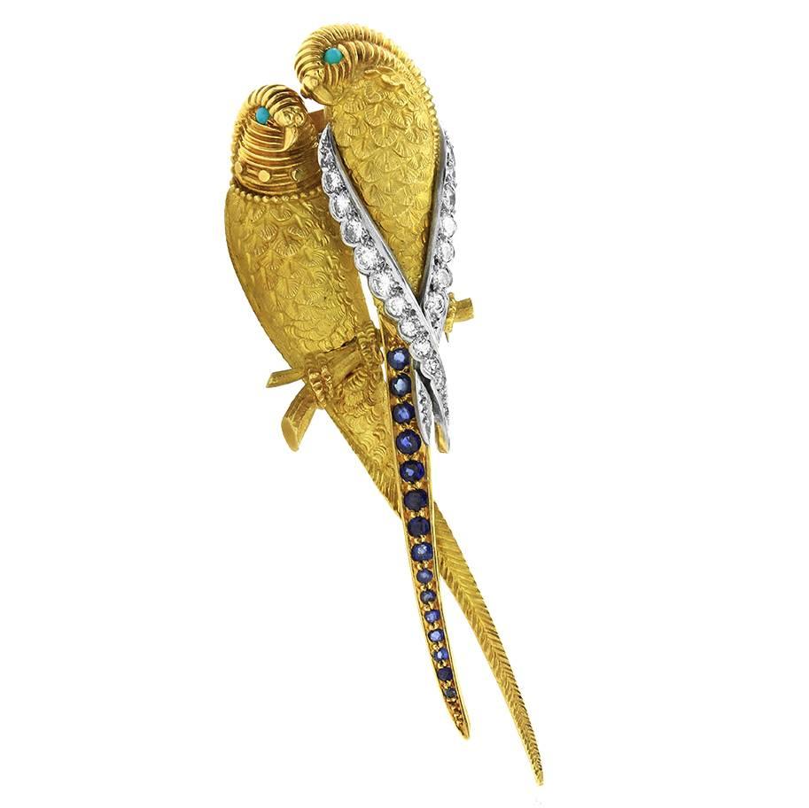 Van Cleef & Arpels Parrots Gold and Platinum Pin with Multi-Gems