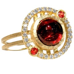 Red Garnet Orange Sapphire Diamond Reflective Gold Handmade Nova Ring