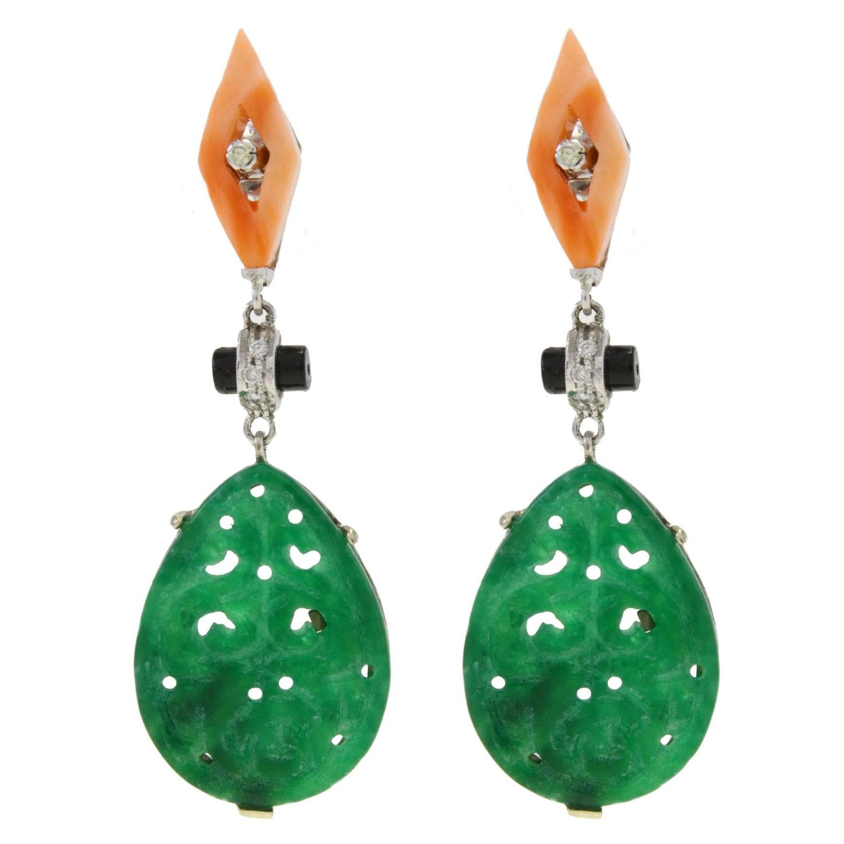 Luise Diamond Jade Coral and Onyx Gold Earrings
