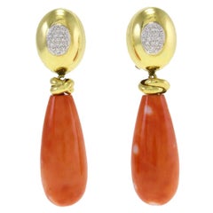 Red Coral Drops, White Diamonds, 18K Yellow Gold Drop Retrò Earrings