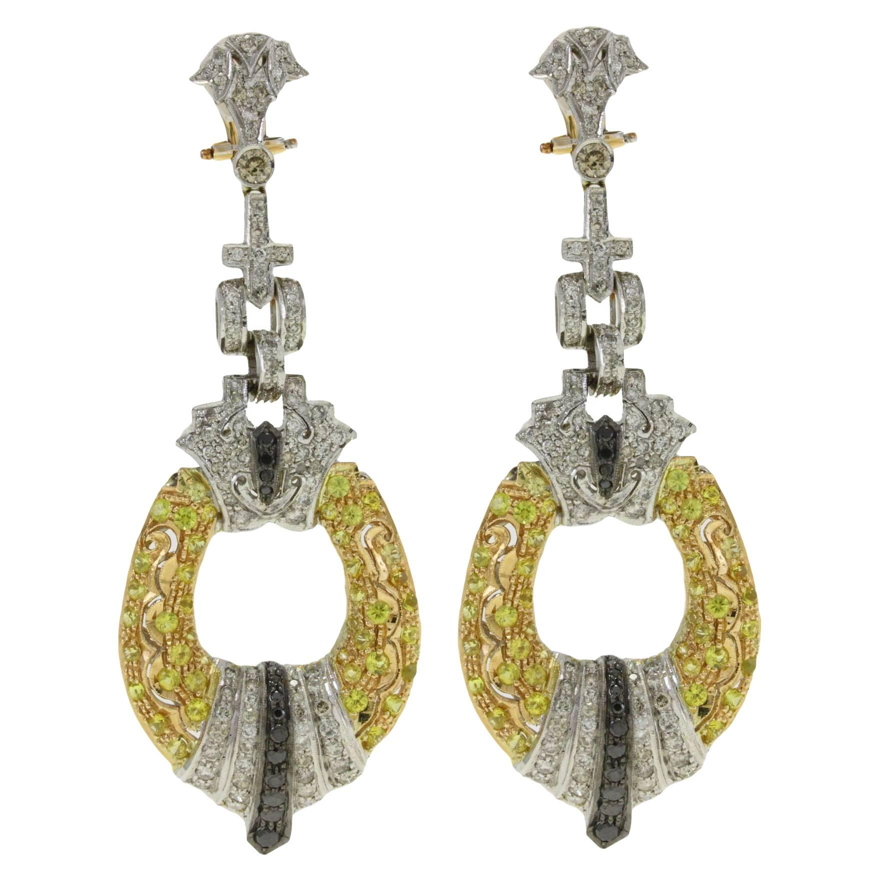 Black and White Diamond, Sapphire, White and Yellow Gold Chandelier Earrings