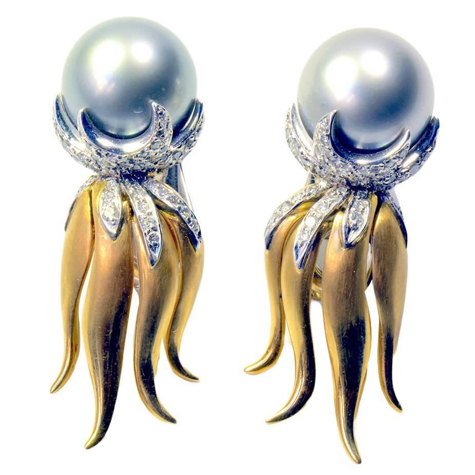 Marion Jeantet Bicolour Tahitian Pearl Diamond Gold Ear Clips For Sale