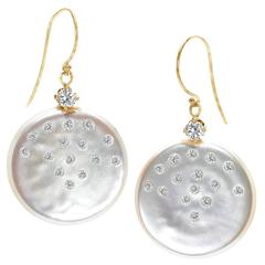 Russell Trusso White Diamond Embedded Coin Pearl Drop One of a Kind Earrings