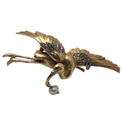 Antique Fine 18 Kt. Yellow Gold and Diamond Stork Brooch