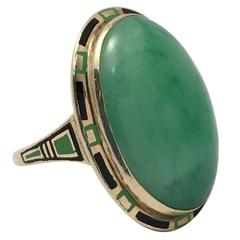 Remarkable Art Deco Enameled Jade Ring