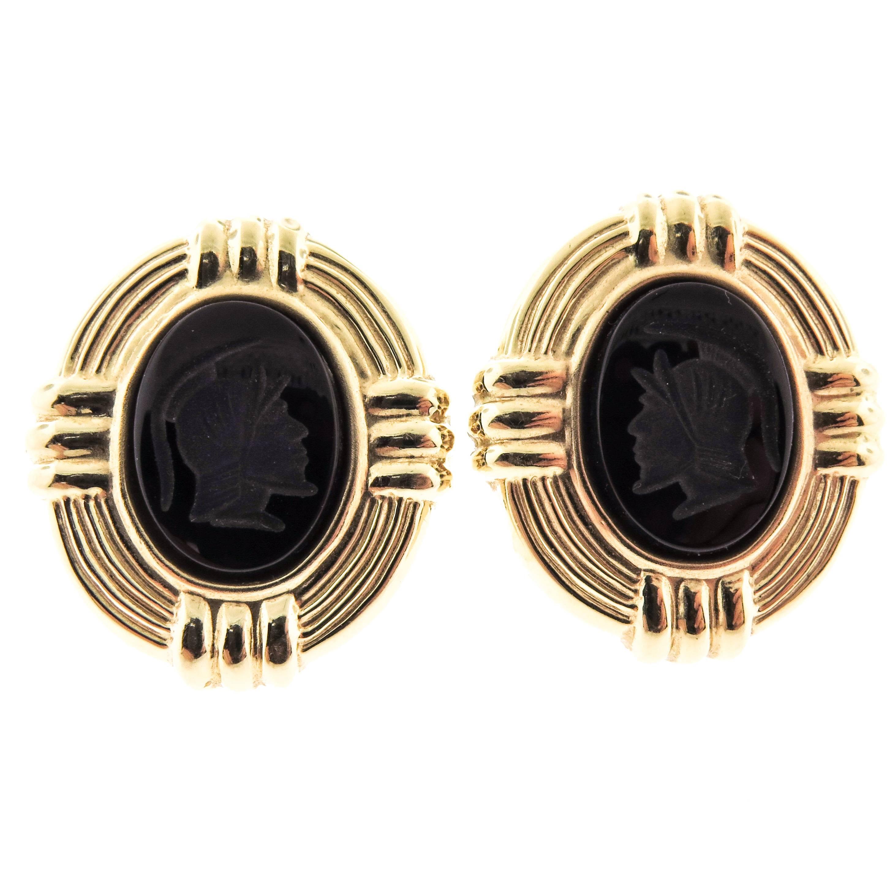 14Karat Yellow Gold Carved Oval Onyx Earrings