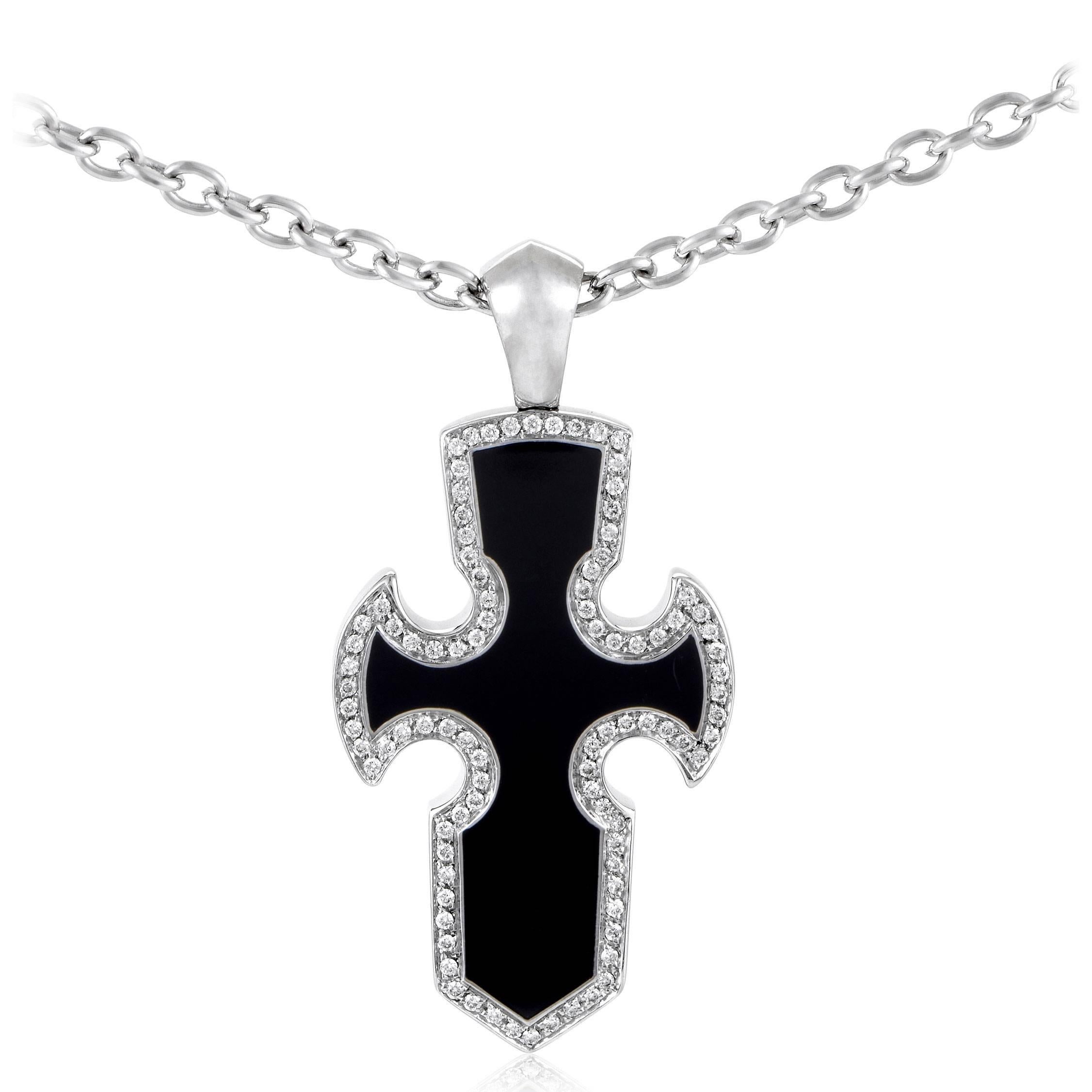 Gavello Gotham White Gold Diamond and Onyx Cross Pendant Necklace