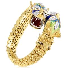 Enameled Multi-Tone Gold and Diamond Dragon Heads Bangle Bracelet