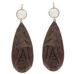 Antique Unique Lava Stone Cameo and Pearl Dangle Earrings