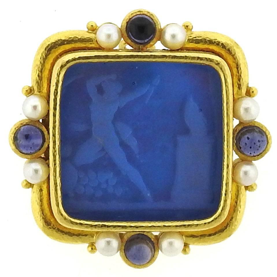 Elizabeth Locke Gold Pearl Sapphire Venetian Glass Intaglio Pendant Brooch