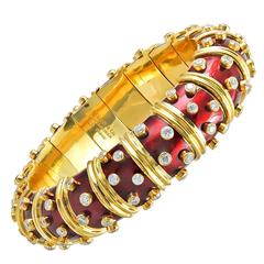 Tiffany & Co. Schlumberger Red Paillone Enamel Diamond Gold Bangle 3