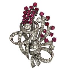 Antique 1920s 2.33 Carat Ruby and 2.95 Carat Diamond Platinum Double Clip Brooch