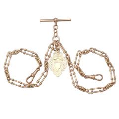 1902 9k Rose Gold Double Albert Watch Chain and Shield Fob