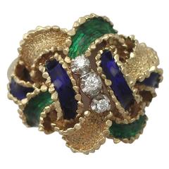 1990s Italian Diamond and Enamel Yellow Gold Cocktail Ring 5
