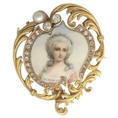 1880s French 0.33 Carat Diamond and Pearl, Enamel and 18k Yellow Gold Brooch 10