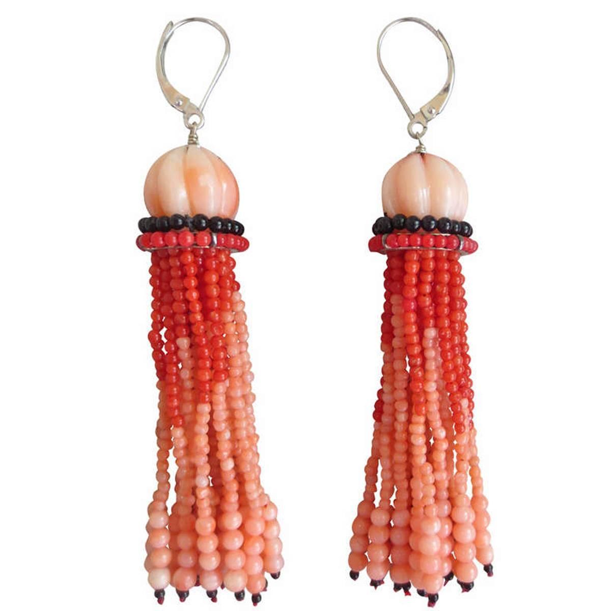 Coral and Onyx Tassel Earrings