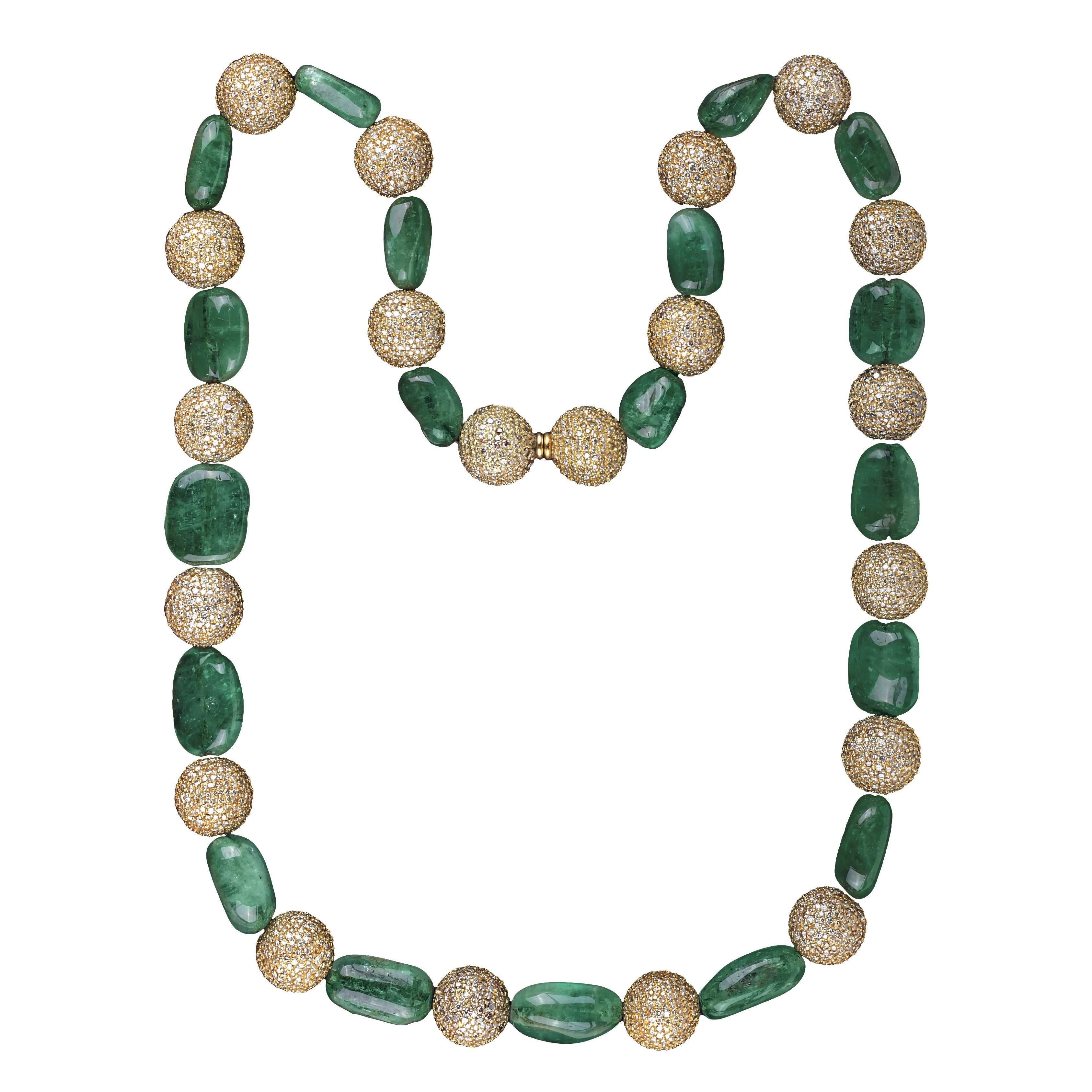 Colombian Emerald Beads & Diamond Necklace  For Sale