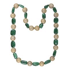 Vintage Colombian Emerald Beads & Diamond Necklace 