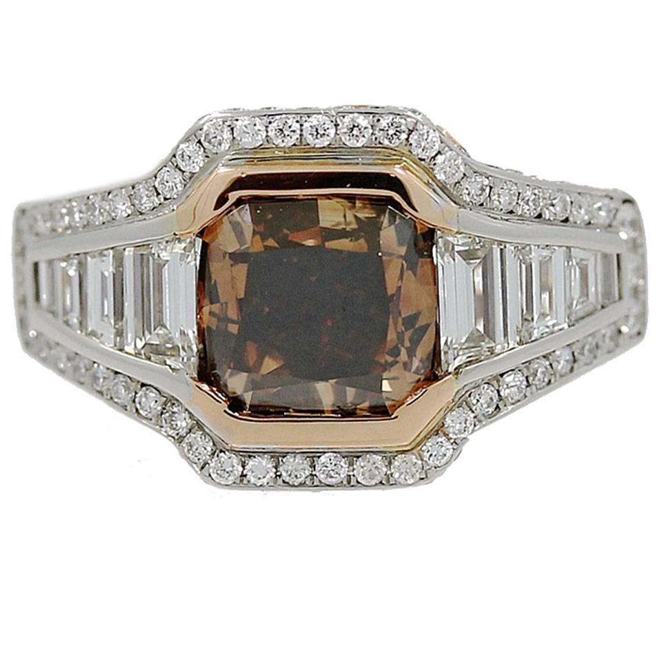 18K Gold Ring with Fancy Range Brown Cshion Cut Diamond GIA Report For Sale