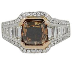 18K Gold Ring with Fancy Range Brown Cshion Cut Diamond GIA Report