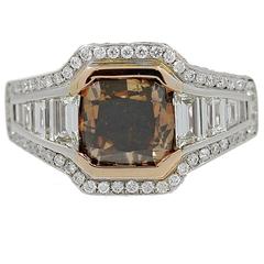 18K Gold Ring with Fancy Range Brown Cshion Cut Diamond GIA Report 2