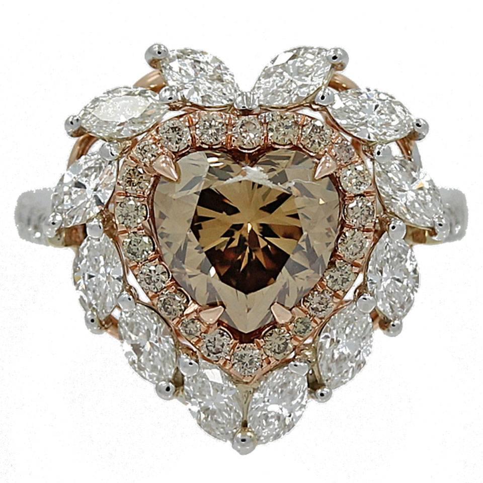 Natural  Heart Brilliant Fancy Deep Yellowish Brown Diamond Ring For Sale