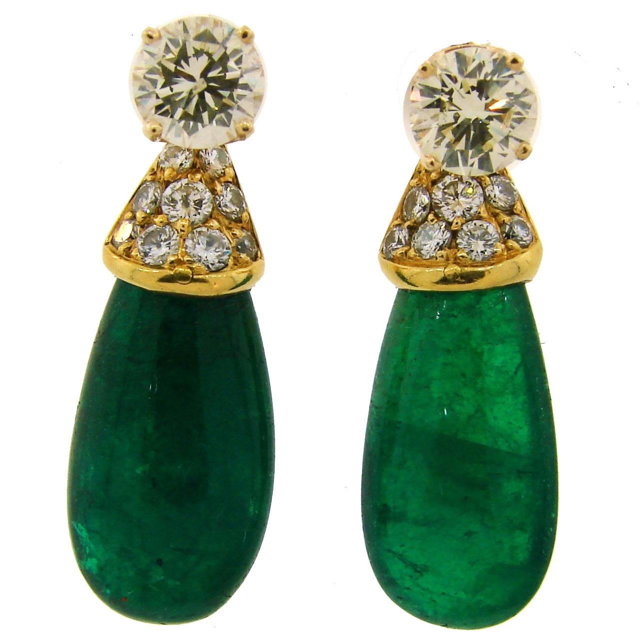 1970s Diamond Emerald Gold Interchangeable Dangle Stud Earrings Drop Signed Fred