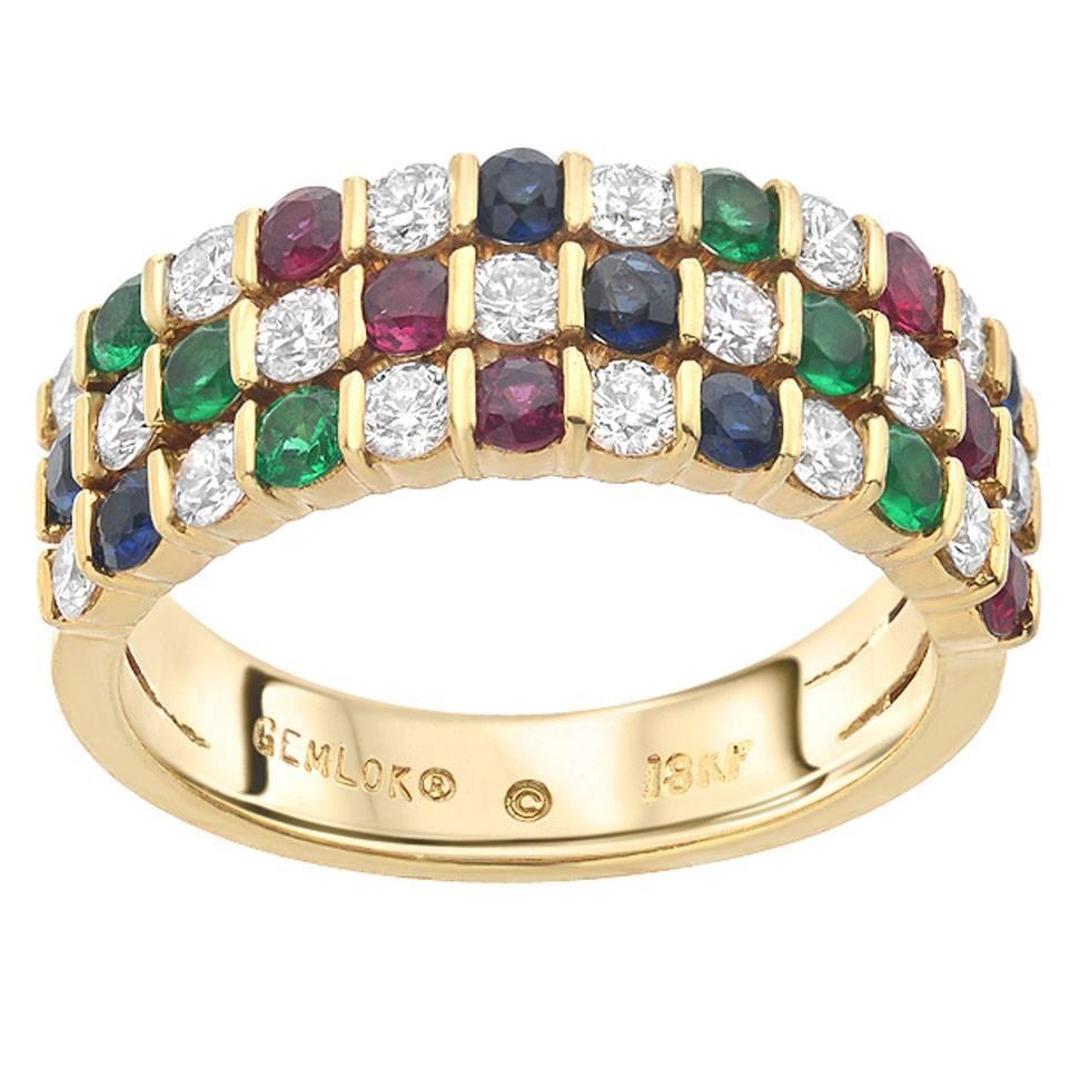 Gemlok Diamond Ruby Sapphire Emerald Gold Band Ring For Sale At 1stdibs