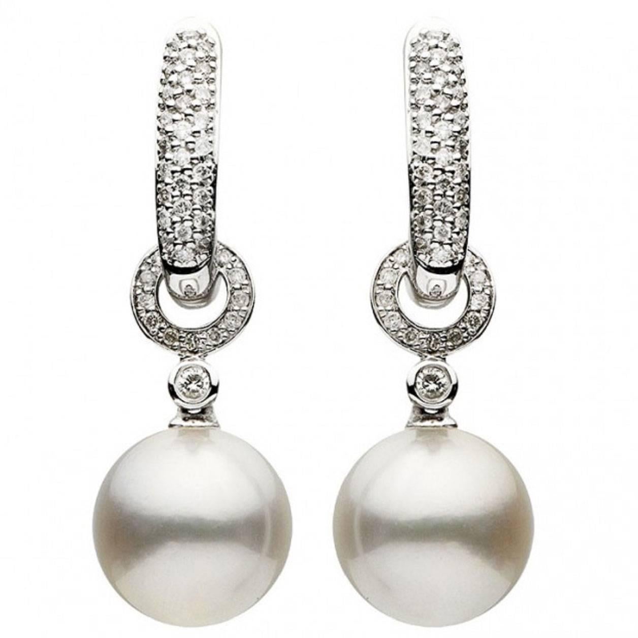  White Gold South Sea Pearl Diamond Dangle Earrings