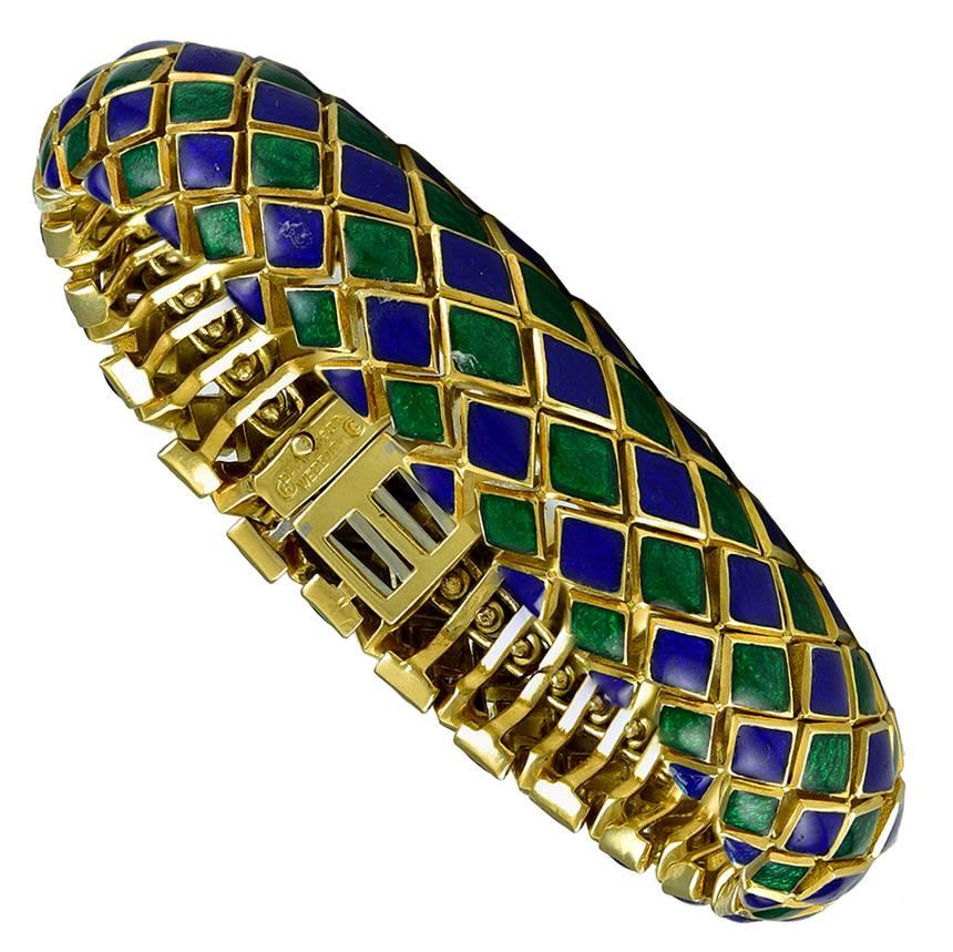 Rare David Webb Blue Green Enamel Snake Bracelet For Sale