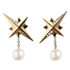 Diamond, Cultured Freshwater Pearl and 18ct Yellow Gold Star Earrings 5