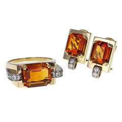 Retro Citrine Diamond Ring and Earrings Set 11