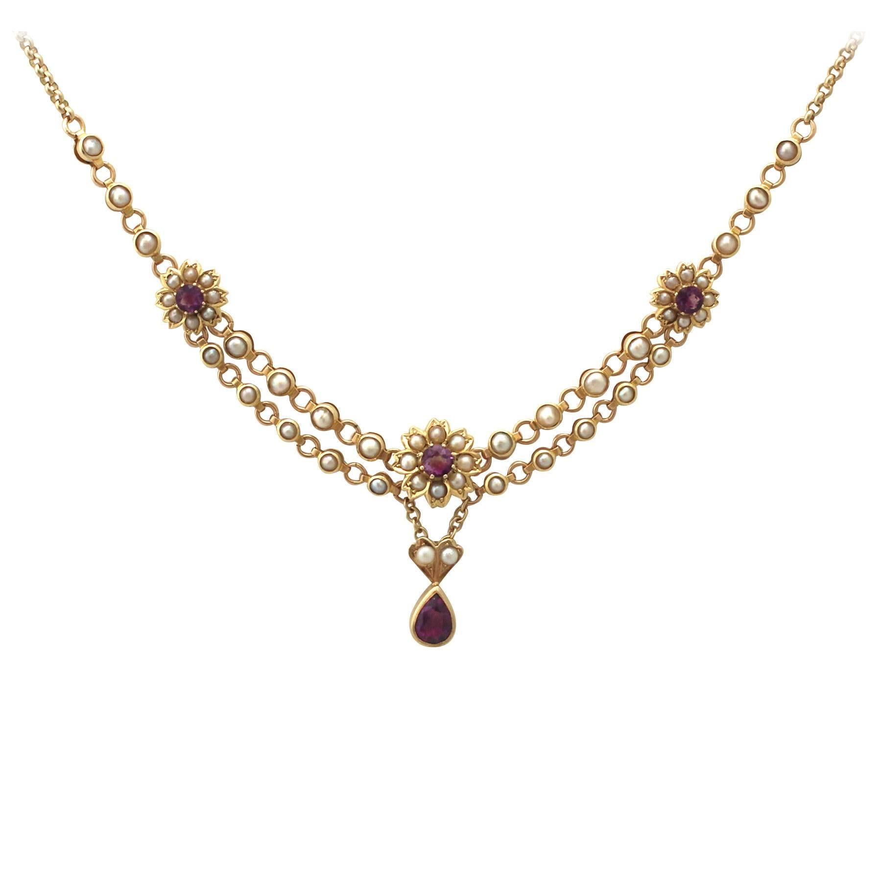 1890s  Seed Pearl and 0.90 Carat Amethyst Yellow Gold Necklace
