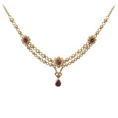 1890s  Seed Pearl and 0.90 Carat Amethyst Yellow Gold Necklace