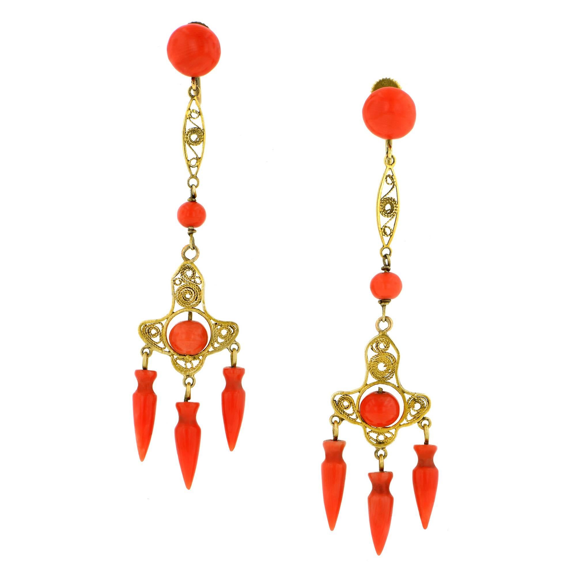 Victorian Coral Filigree Chandelier Earrings, Circa 1900 For Sale