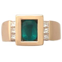 1990s French 1.29 Carat Emerald and 0.20 Carat Diamond, Yellow Gold Ring 5