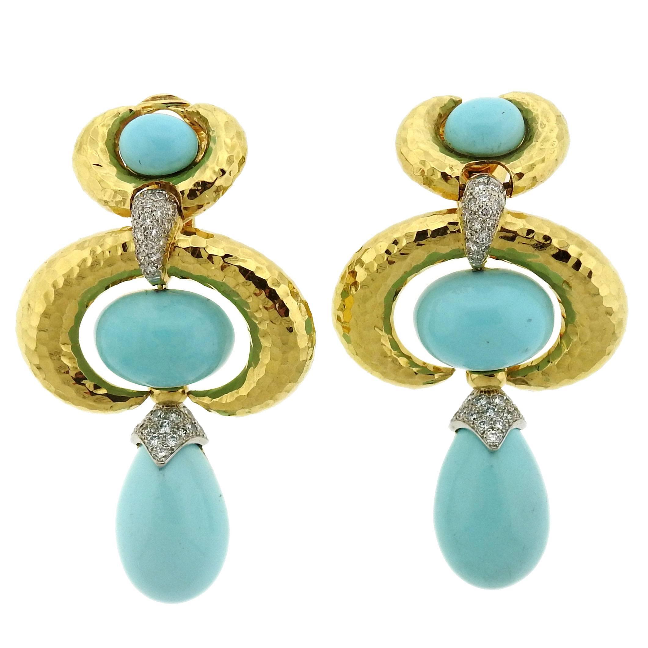 David Webb Gold Platinum Turquoise Diamond Drop Earrings 