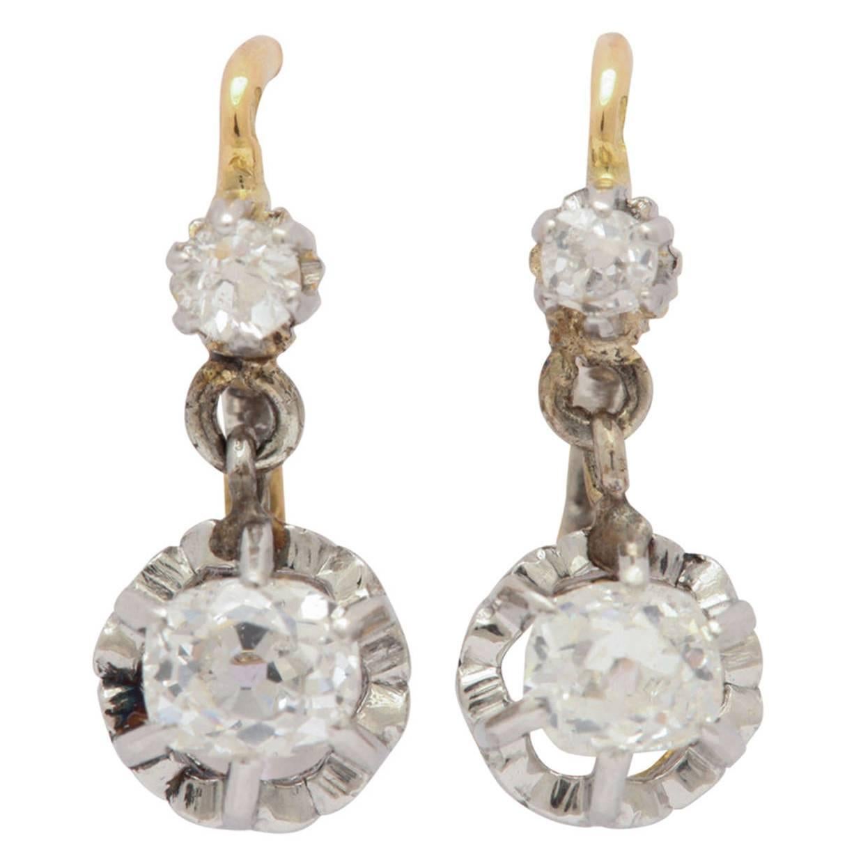 Antique Victorian 18 Karat French Diamond Gold Earrings