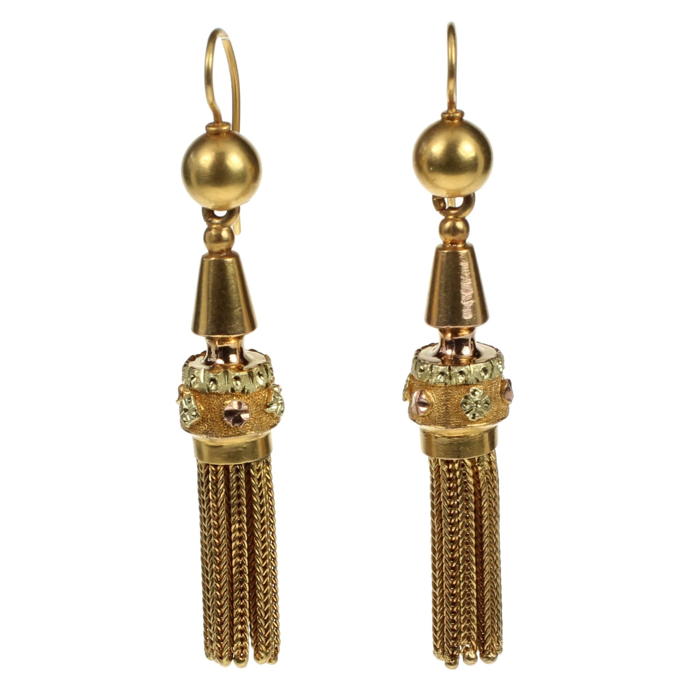 18ct Three Colour Gold Tassel Earrings For Sale