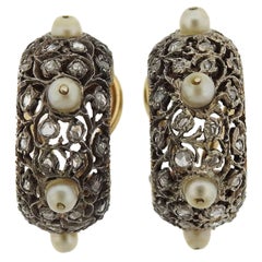 1959 Mario Buccellati Gold Platinum Silver Diamond Pearl Hoop Earrings 