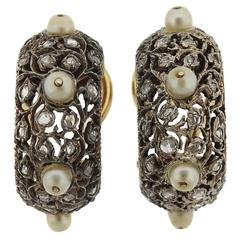 1959 Mario Buccellati Gold Platinum Silver Diamond Pearl Hoop Earrings 4
