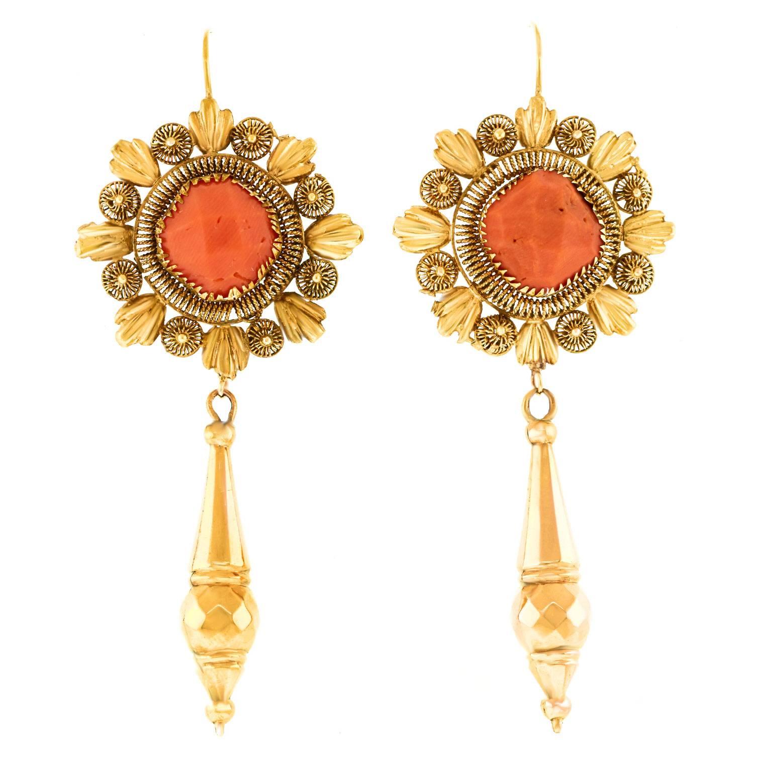 Antique Italian Coral and Gold Earrings