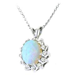 Vintage Opal & Diamond White Gold Pendant w/ Chain