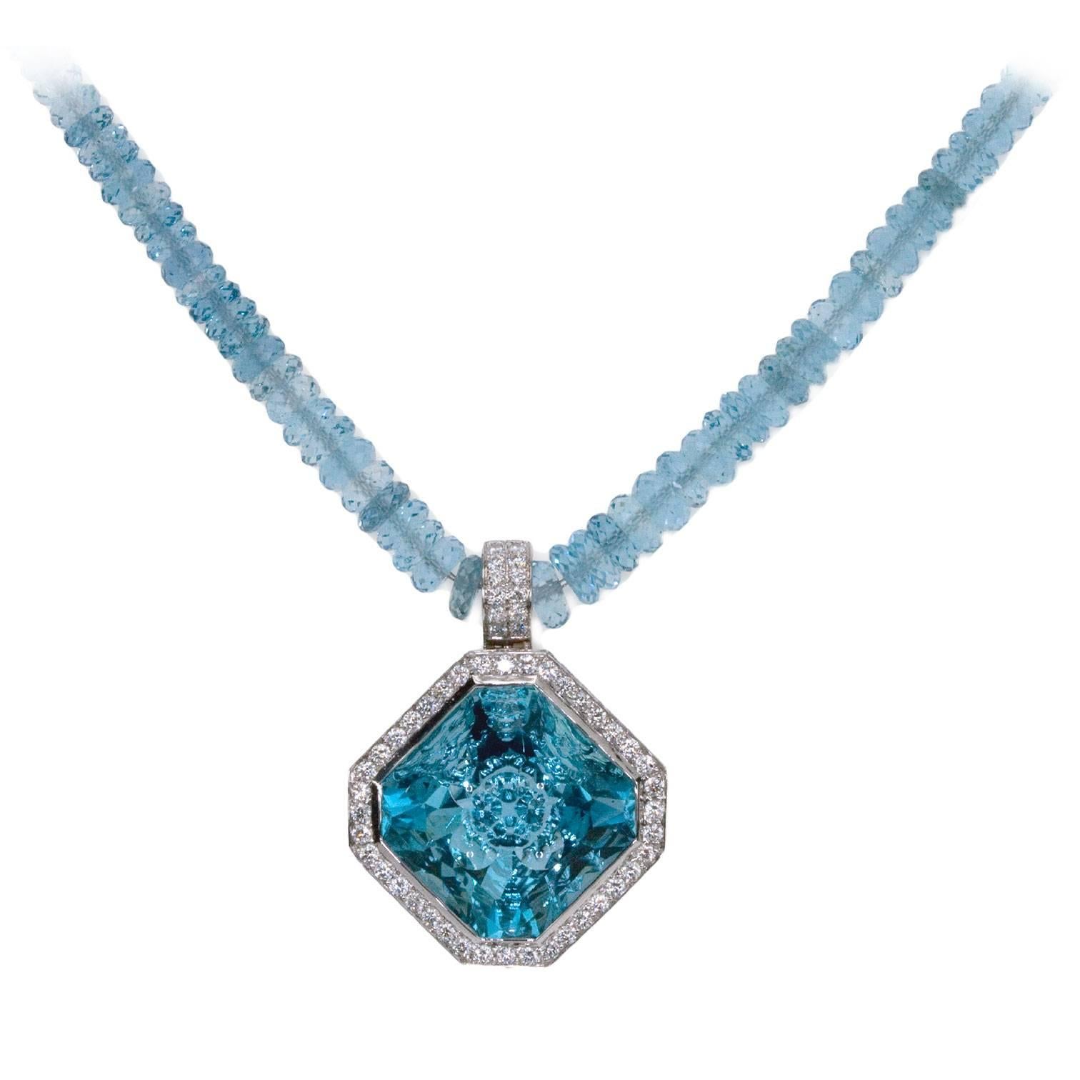  A 'Samuel Getz" Fine Carved Aqua Drop Pendant with Aqua Beads & Diamonds For Sale