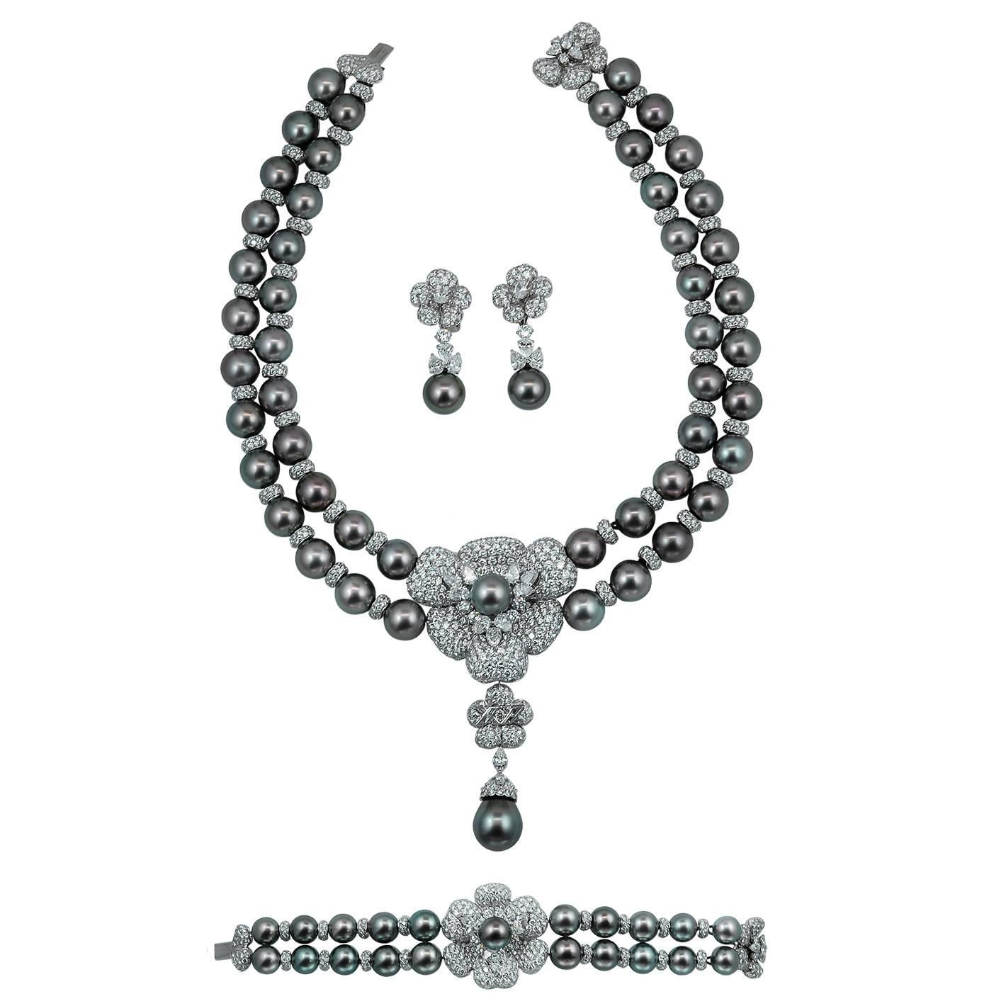 Asprey Diamond and Pearl Necklace Suite