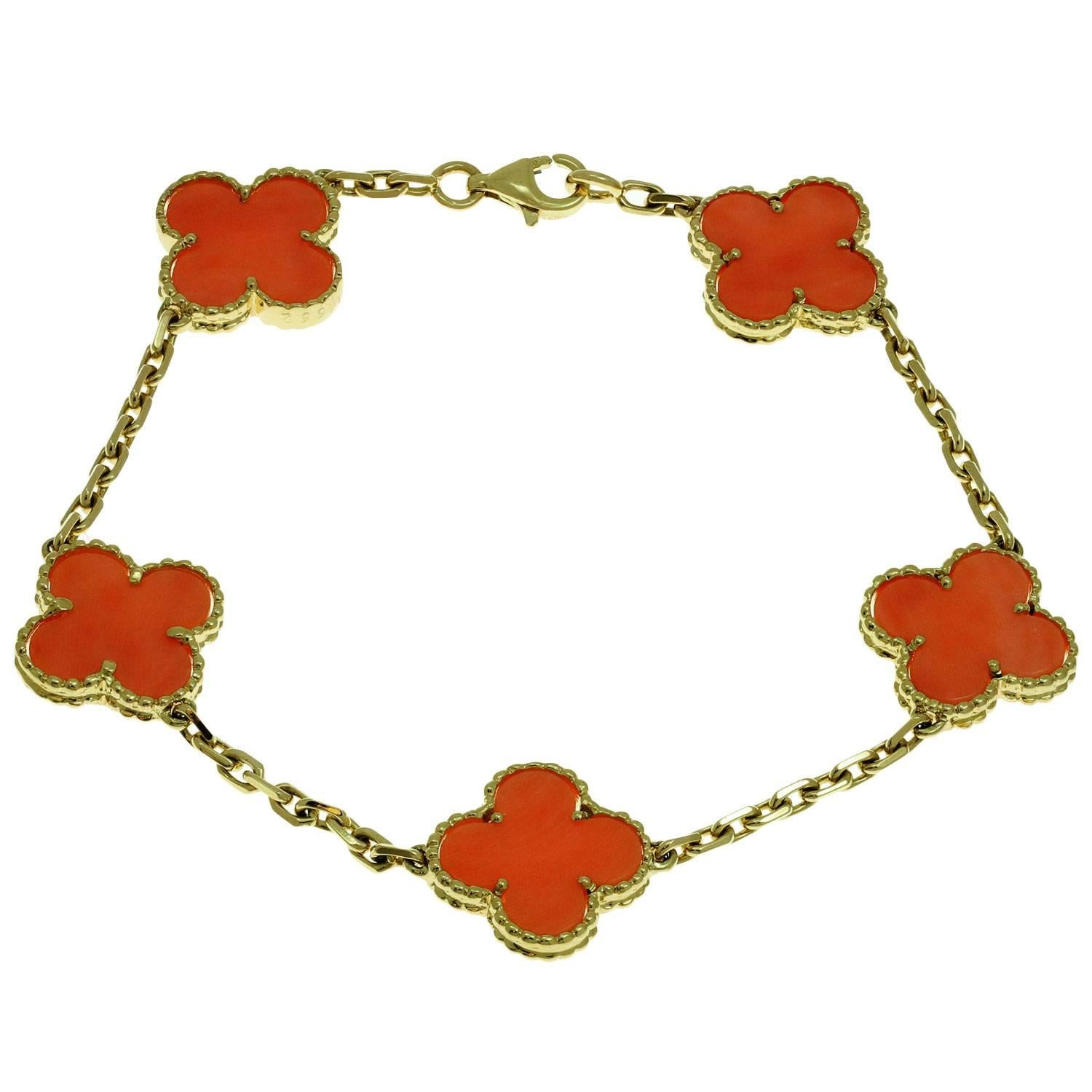 VAN CLEEF & ARPELS Vintage Alhambra Coral Yellow Gold 5 Motif Bracelet