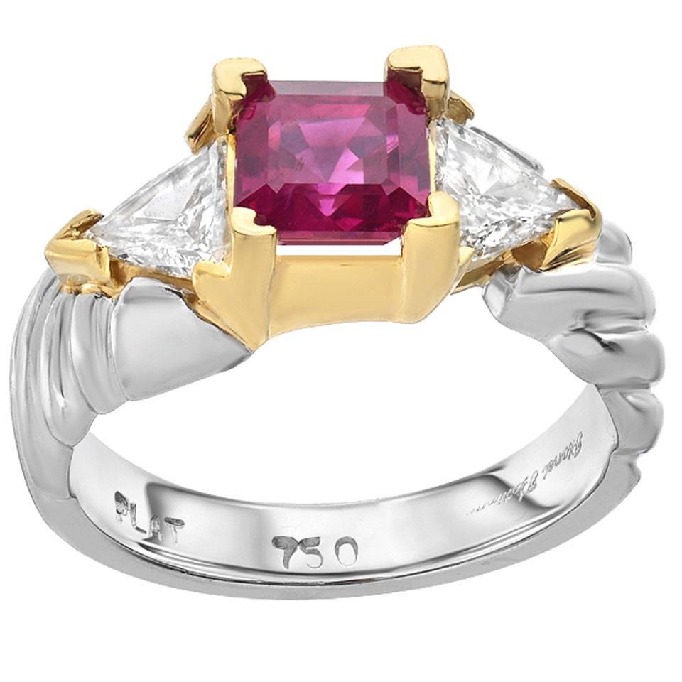 Ruby Diamond Gold Platinum Three-Stone Ring For Sale