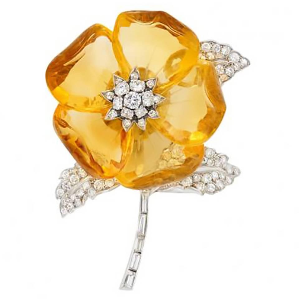 French 1930s Citrine  Diamond Flower Brooch