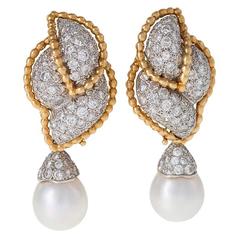 Mid-20th Century South Sea Pearl, Diamond and Gold Convertible Earrings