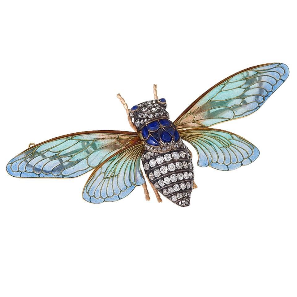Broche Cicada Art Nouveau de Boucheron en diamant:: saphir et émail Plique-à-Jour